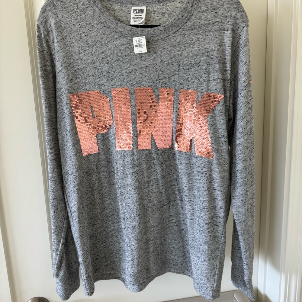 PINK long- sleeve tee with Rose gold sequins, NWT